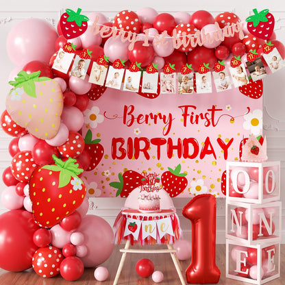 Berry Baby Girl 1st Birthday Decor, Strawberry First Birthday Decorations for Girls with Balloon Arch, Party Backdrop, High Chair Banner, Crown, Photo