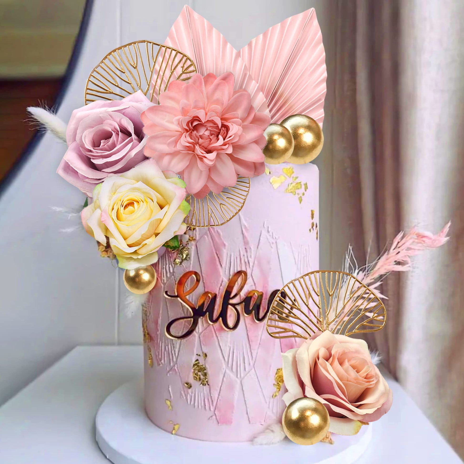 Boho Cake Topper Flower Cake Topper Pink Palm Leaves Cake Decorations with Artificial Rose Ginkgo Leaves and Balls for Wedding Birthday Boho Flower
