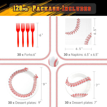 LMJUNZZ 120 Pcs Baseball Party Supplies Bundle Paper Plates Napkins Baseballs Party Birthday Decorations Baseball Tableware For Kids Serves 30