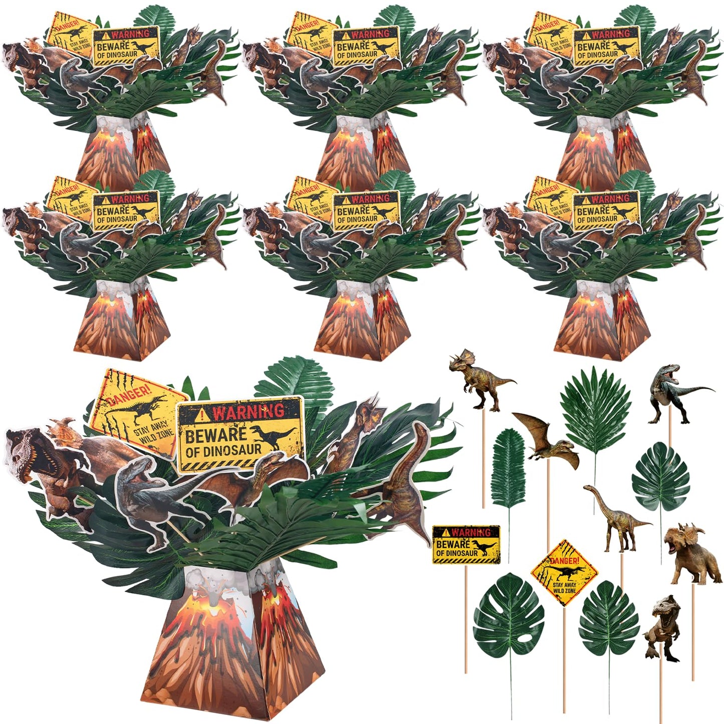 Dinosaur Party Table Centerpieces Decorations - 6 Sets Volcano Paper Bucket Centerpieces with Dinosaur Table Topper Sticks, Realistic Tropical Leaves