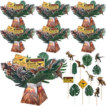 Dinosaur Party Table Centerpieces Decorations - 6 Sets Volcano Paper Bucket Centerpieces with Dinosaur Table Topper Sticks, Realistic Tropical Leaves