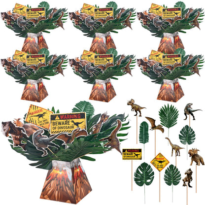 Dinosaur Party Table Centerpieces Decorations - 6 Sets Volcano Paper Bucket Centerpieces with Dinosaur Table Topper Sticks, Realistic Tropical Leaves