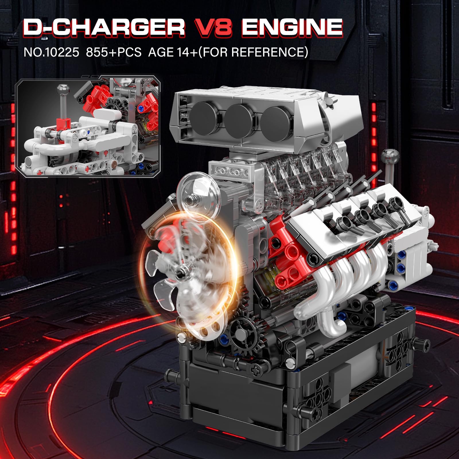 Mould King 10225 V8 Engine Model Kit that Works - Car Engine Building Blocks Kit with Battery, STEM Mechanic Engineering Construction Set, Collection