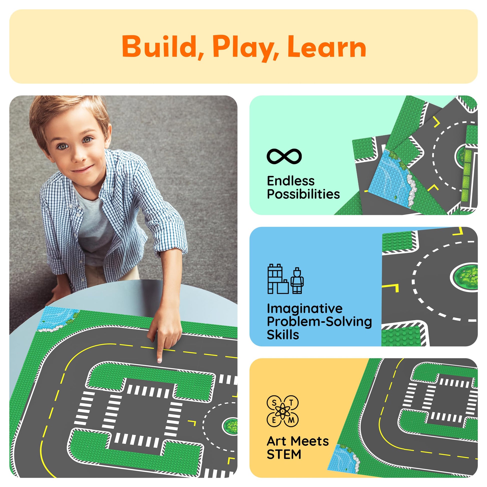 PicassoTiles Building Brick 10"x10" Large Road Baseplates City Street Traffic Parking Themed Roadway Foundation Plates Block STEM Construction Set