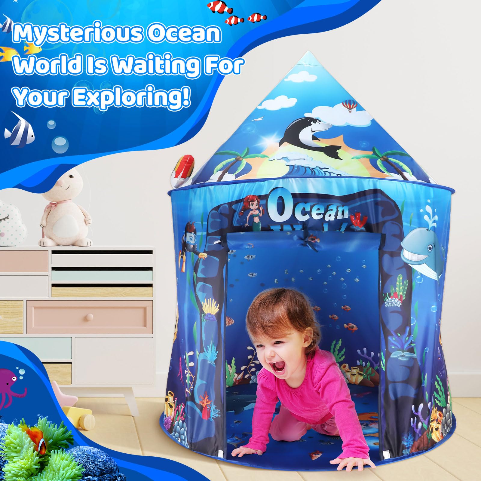 KIRKJUFELL Premium Under The Sea Kids Tent, Ocean Mermaid Play Tent for Kids as Gifts, Pop Up Princess Castle for Boys & Girls as Chirldren Playhouse
