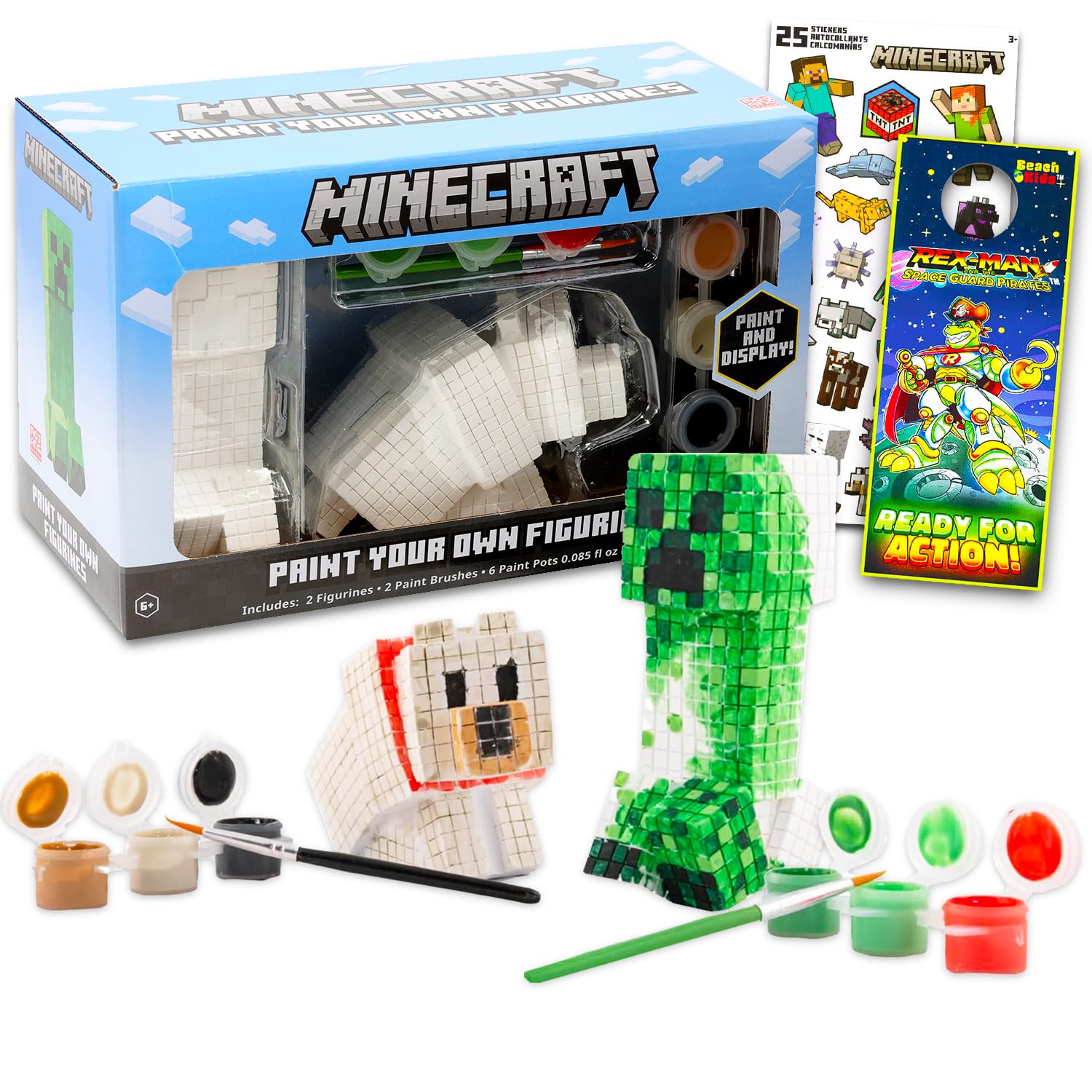 Minecraft Paint Your Own Figurines Set - Bundle with DIY Painting Set Featuring Creeper and Wolf Plus Stickers, More | Minecraft Painting Kit