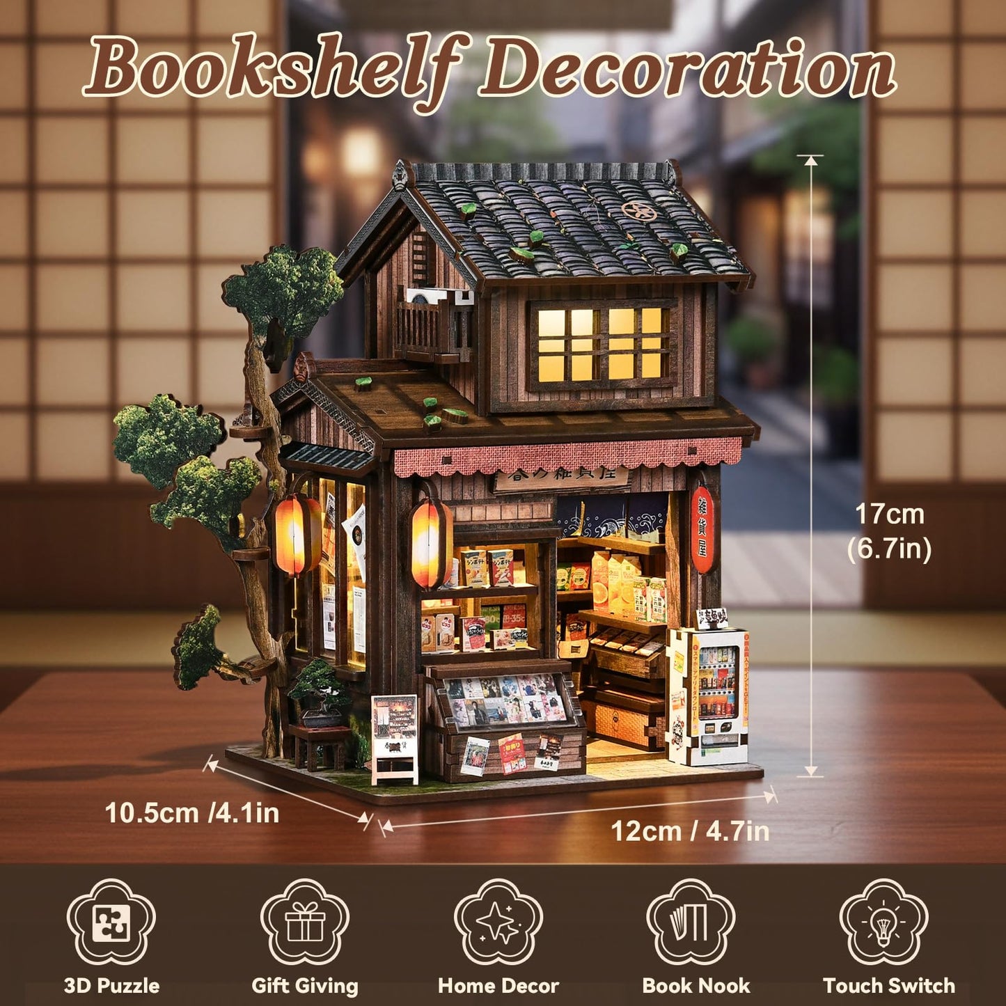 BETESINE Book Nook Kit for Adults 14+, Japanese Miniature House with LED Light and Dust Cover, DIY 3D Wooden Puzzle Bookshelf Insert Decor, Creative