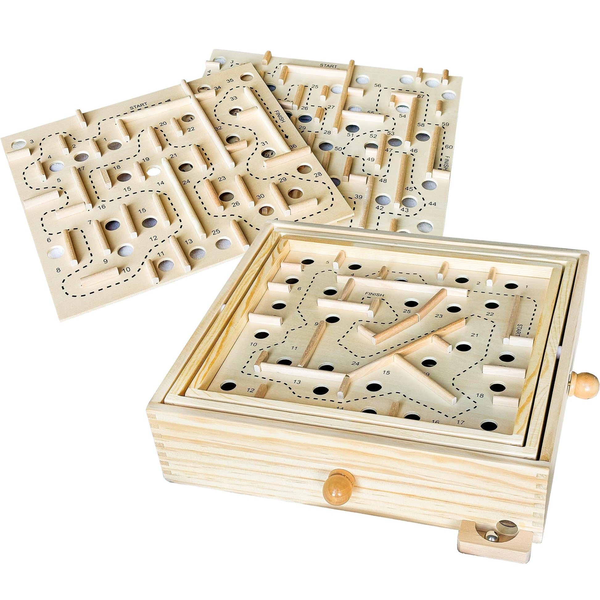 Sterling Games Wooden Labyrinth with 3 Swappable Boards - Classic Maze Game with 60, 36, and 25 Waypoints - Wooden Tilt Puzzle with Knob Control and 3