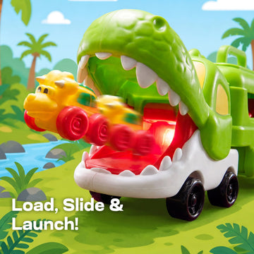 JOYIN Dinosaur Toys for Kids 18M+, Dinosaur Carrier Truck with 3 Rubber Car Vehicles Internal Slide Rails, Todder Toys with Music & Lights Birthday