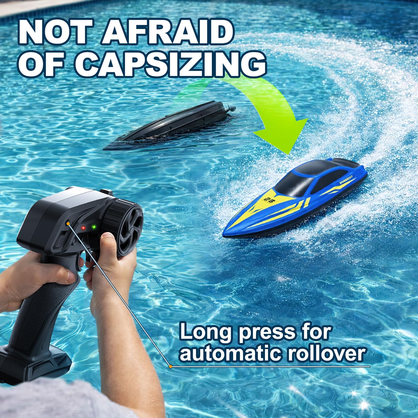 RC Boat with 7-Mode Colorful LED Lights,10 Inch Remote Control Boat,15KM/H High Speed,2.4GHz,3 Speed Modes,2 Rechargeable Batteries,Auto Flip