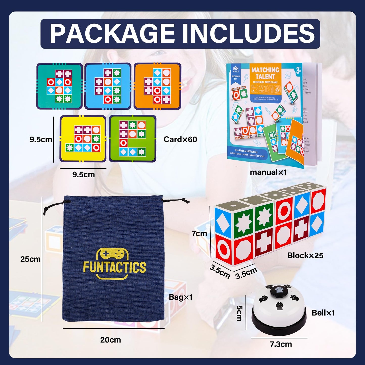 BWMB GROUP XXL Funtactics Wooden Matching Game Puzzle 3.0 Games, Pattern Block Match Puzzles Building Cubes with Bell for Kids and Adults Toys Board