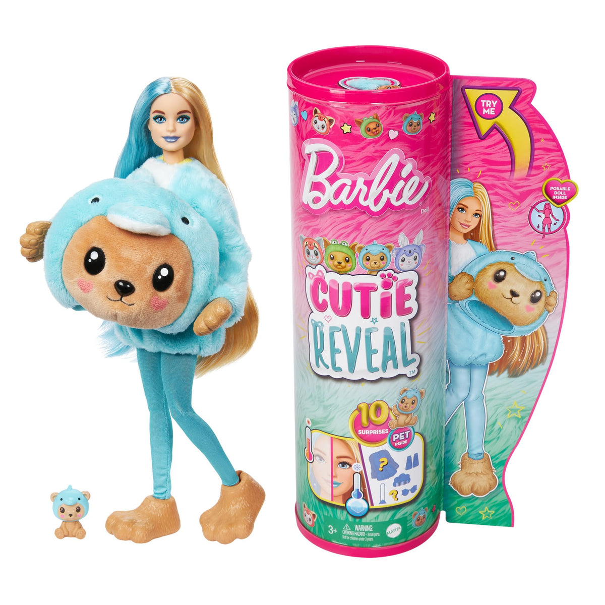 Barbie Cutie Reveal Doll & Accessories with Animal Costume & 10 Surprises Including Color Change, Teddy Bear as Dolphin in Costume-Themed Series