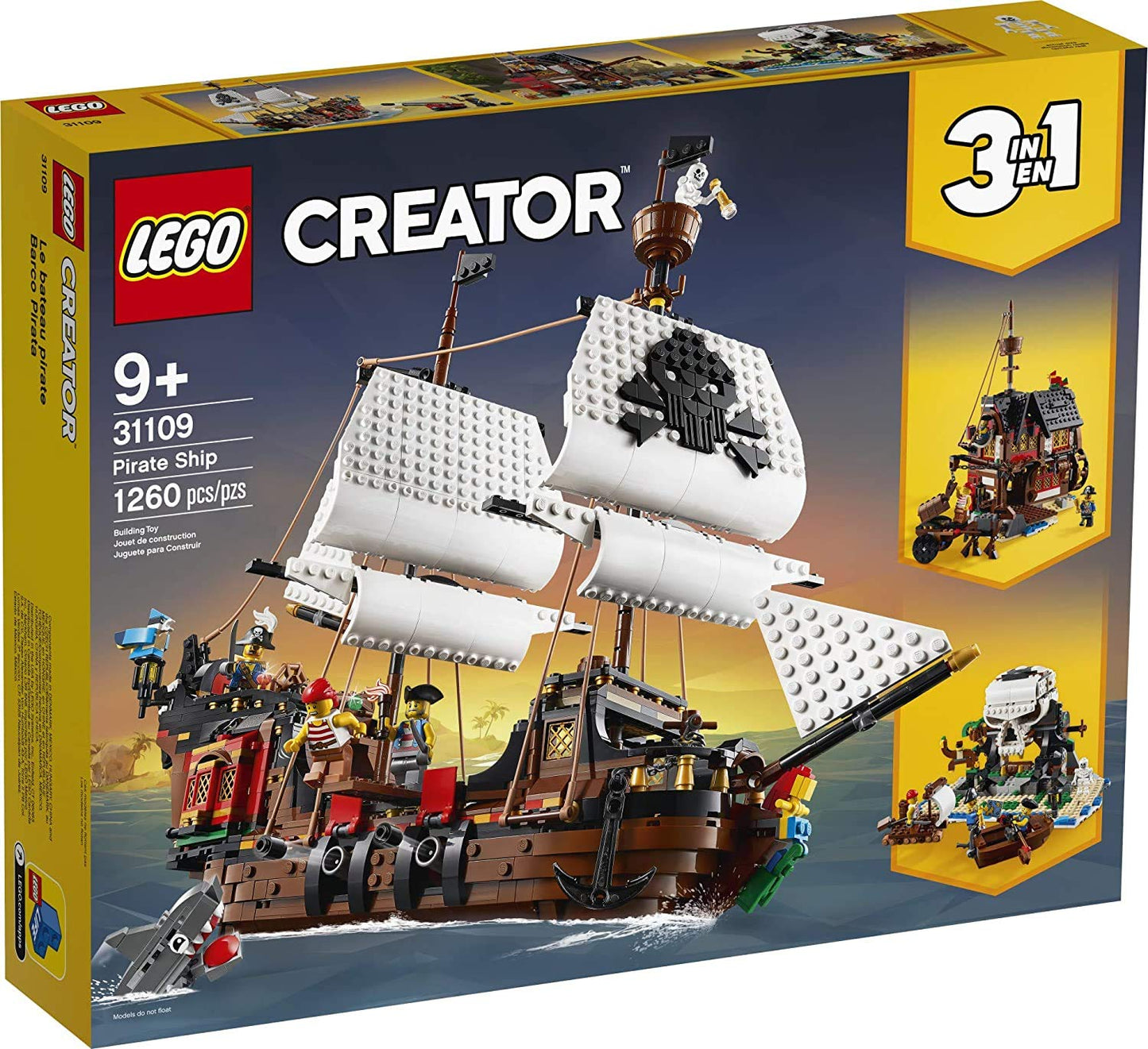 LEGO Creator 3 in 1 Pirate Ship Building Set, Kids can Rebuild The Pirate Ship into an Inn or Skull Island, Features 4 Minifigures and Shark Toy