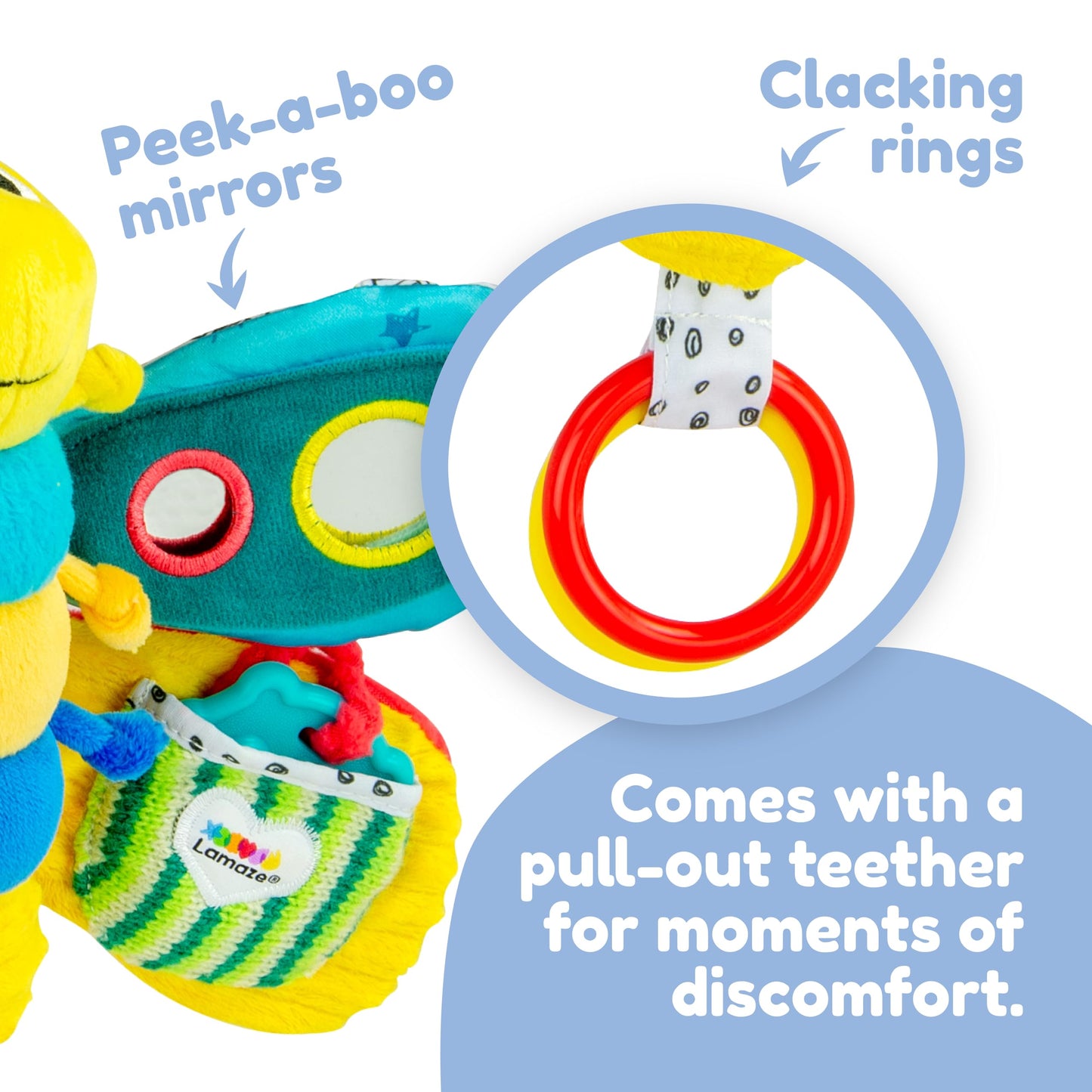 Lamaze Clip On Car Seat and Stroller Toy - Freddie the Firefly - Includes Lady Bug Teether - High Contrast Sensory Crinkle Toys for Babies - Infant