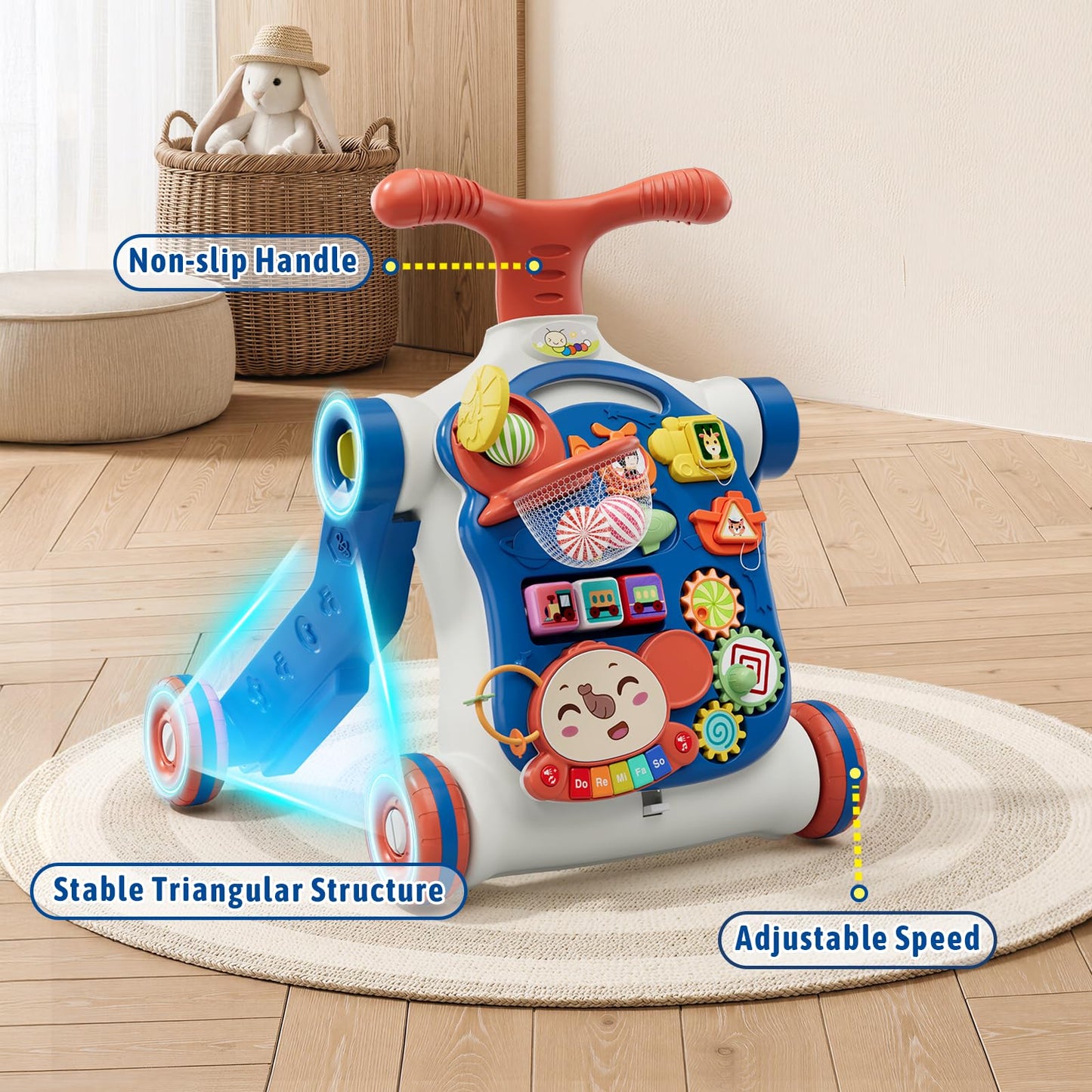 HYES 5 in 1 Baby Push Walker for Baby Boy, Activity Center Learning to Walk, Sit to Stand, Early Learning Push Toys for Infant 12 Months, Walking Toys