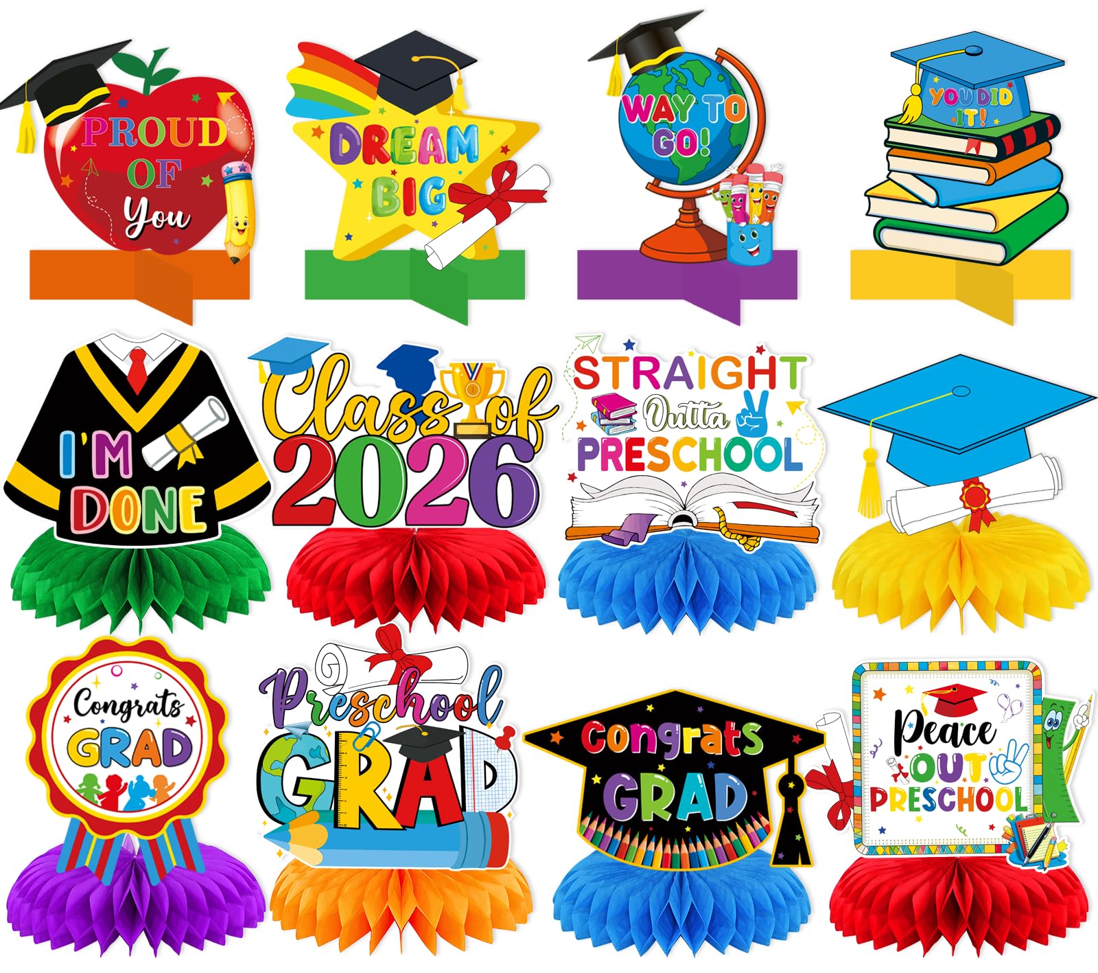 Preschool Graduations Decorations Class of 2026: 12pcs Preschool Graduation Honeycomb Centerpieces Kindergarden Graduation Table Decorations