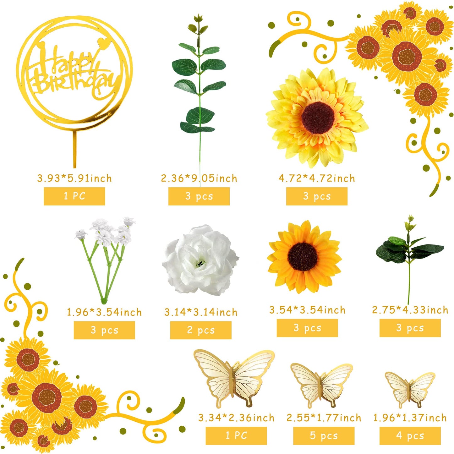 DRWATE Sunflower Cake Topper, 28 Pcs Multicolor Acrylic, Silk - Baby Shower, Wedding Decorations, Butterfly, Eucalyptus, Rose, Happy Birthday Topper