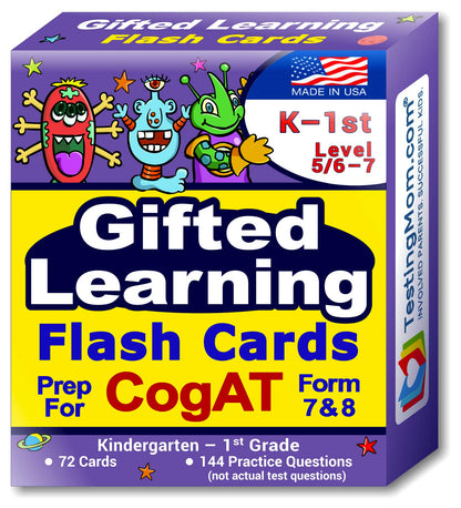 TestingMom.com CogAT Test Prep Flash Cards - Kindergarten (Level 5/6) - Grade 1 (Level 7) - 140+ Practice Questions - Tips for Higher Scores on