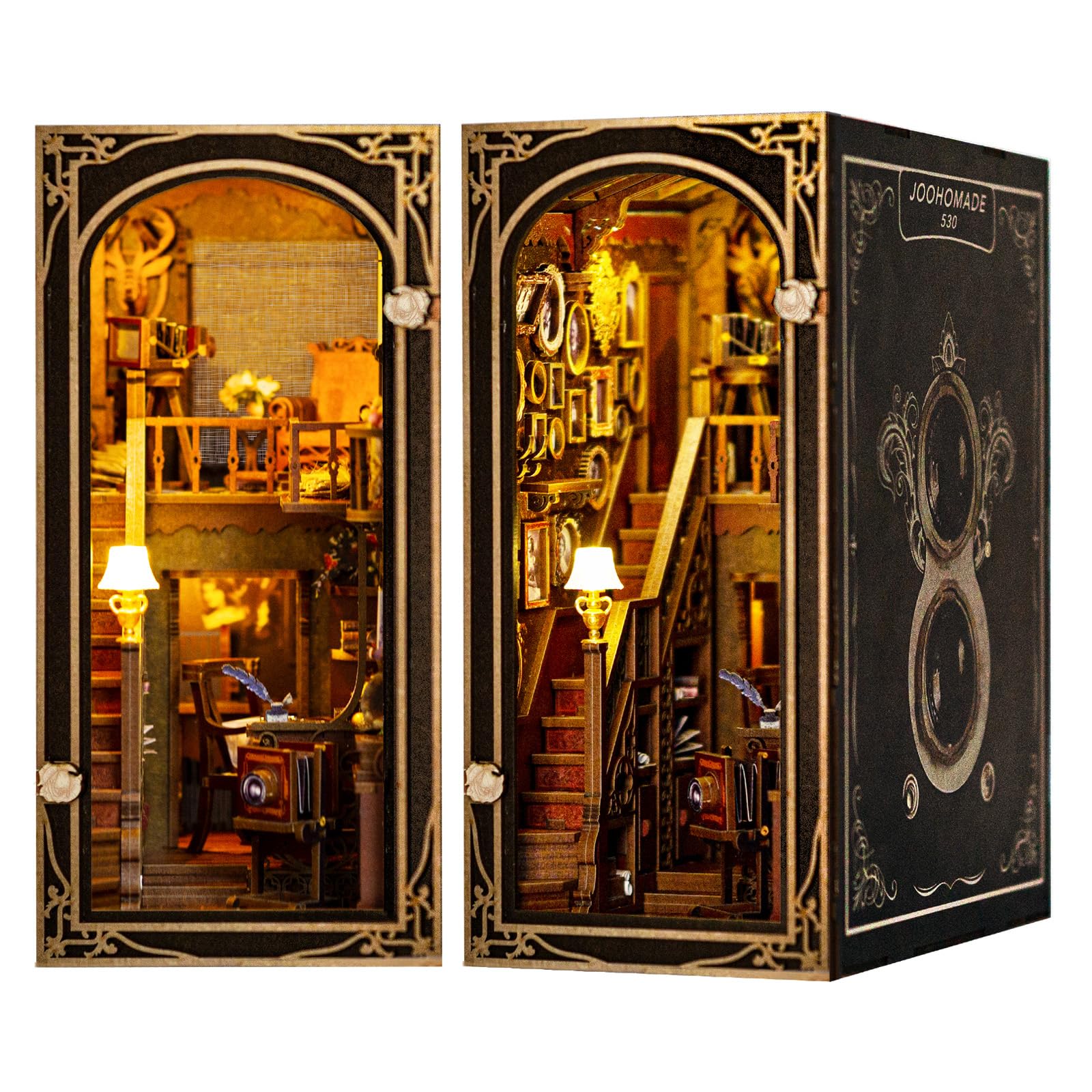 JOOHOUR DIY Book Nook Kit, Dollhouse Miniature, Booknook Bookshelf Insert Alley 3D Wooden Puzzle, Bookends Model Building Kit with LED Light, Gift