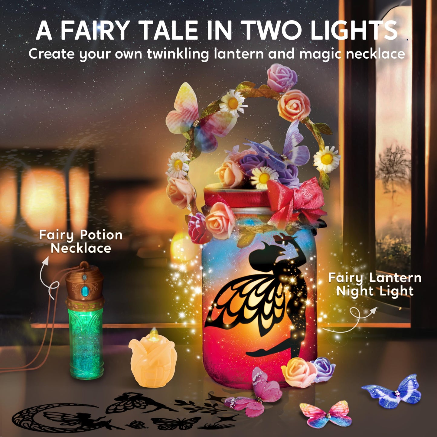 JOVA Klever Kits DIY Fairy Lantern Craft Kit with Rose Lights and String Lights, Birthday Gifts with 7 Color Fairy Potion Necklace, DIY Night Light