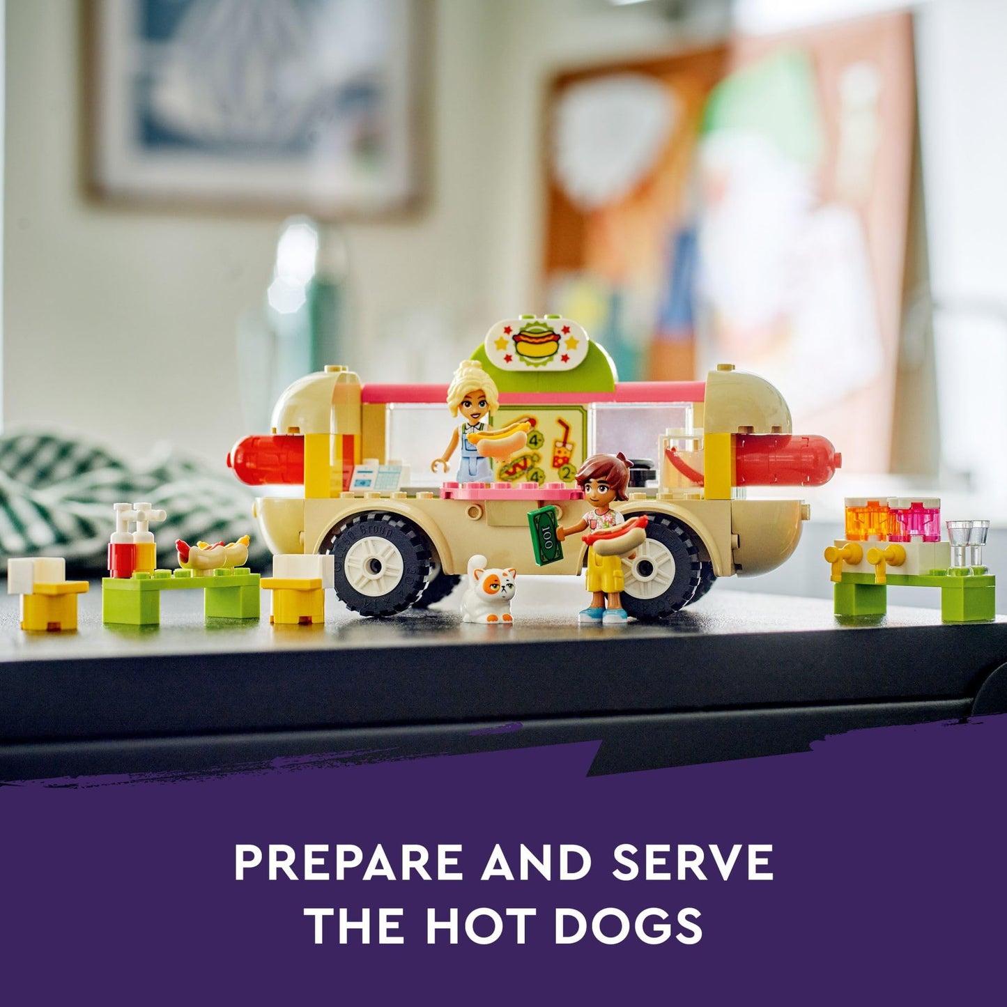 LEGO Friends Hot Dog Food Truck Toy with Mini Doll Characters and Cat Figure, Pretend Play Food, Toy Van, Creative Gift for Kids, Girls, and Boys