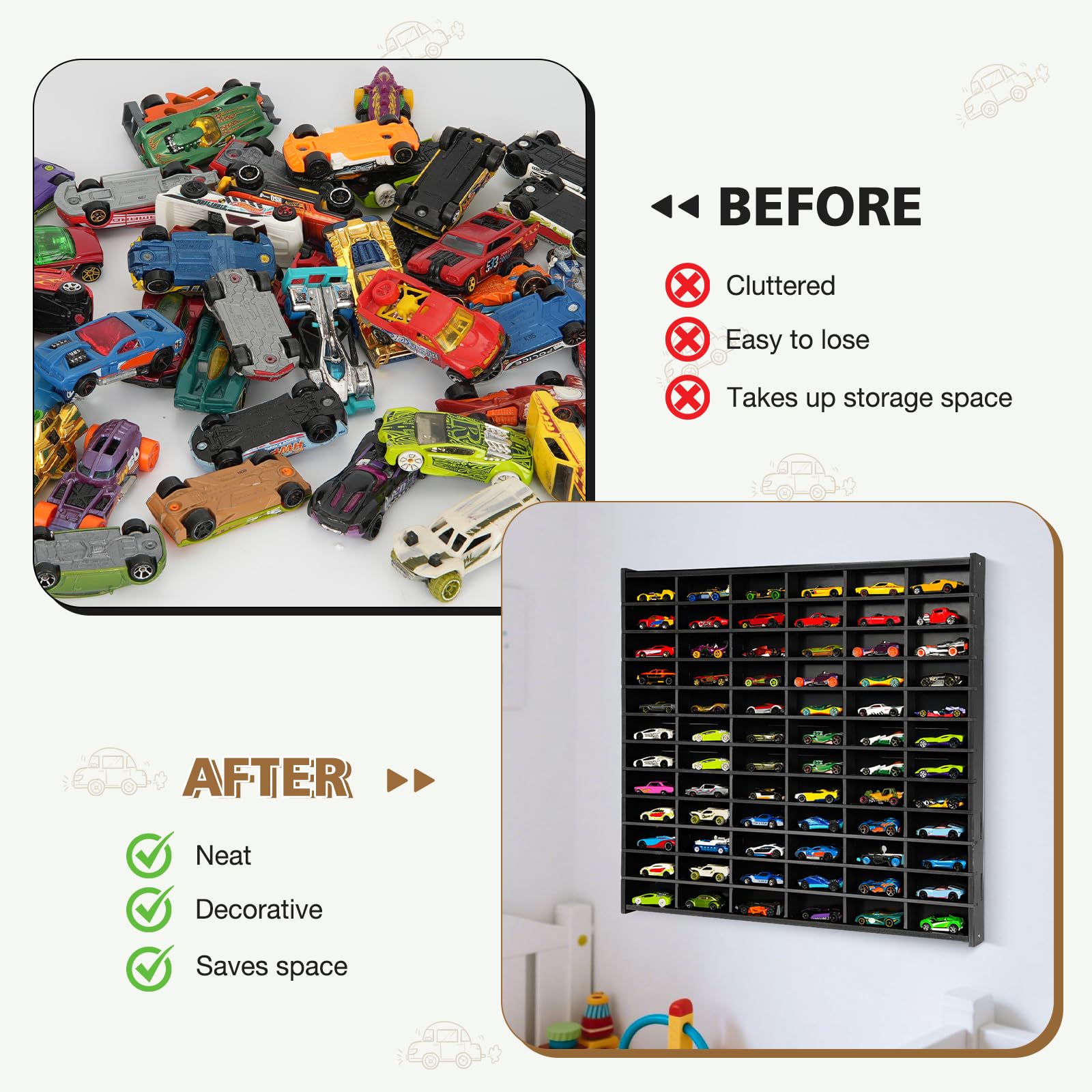 Arkiya Toy Car Storage Display Case, 72 Slots Model Car Display Shelf for 1/64 Scale Toy Cars, Wall Mount Organizer Rack for Diecast Models (Black)