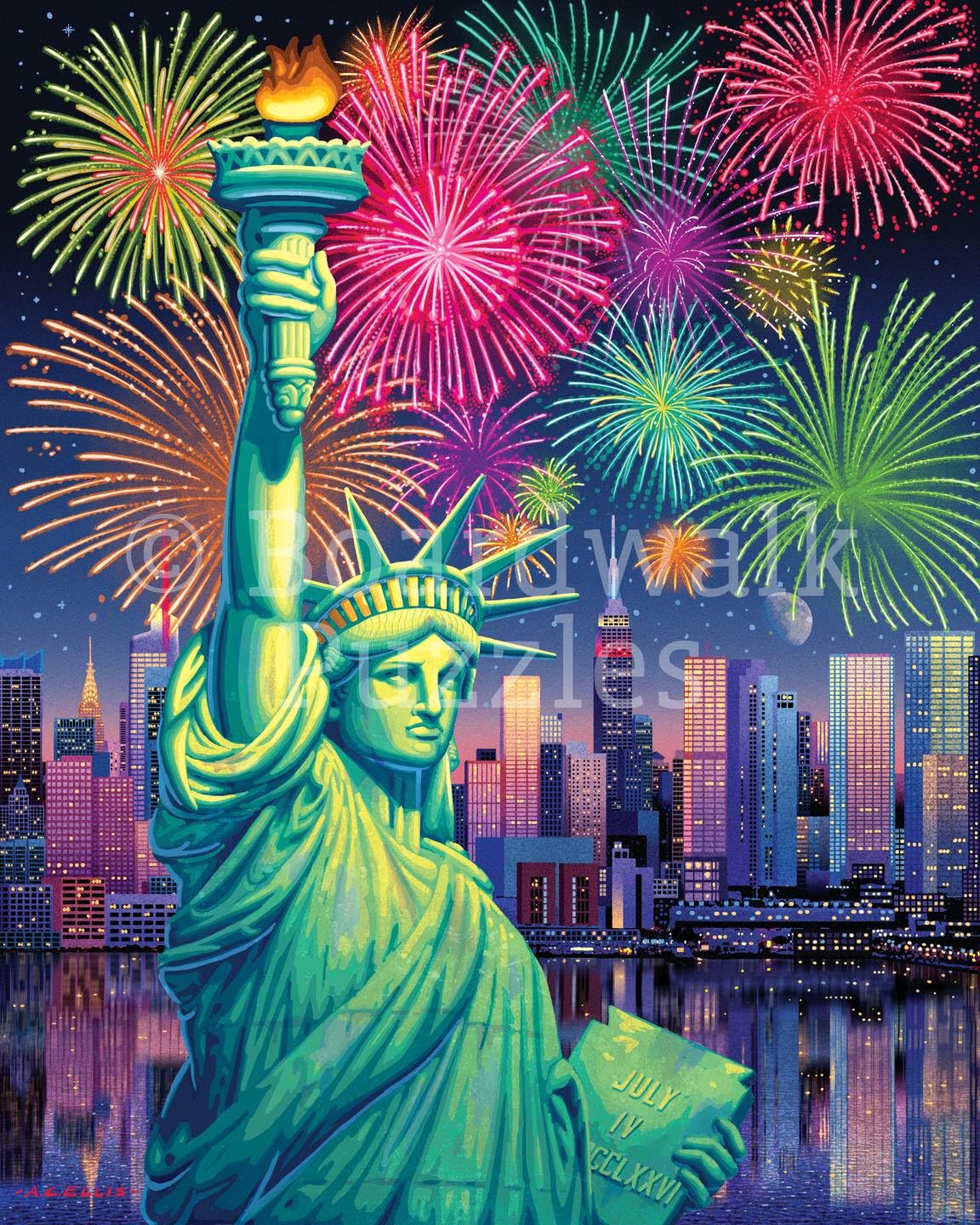 Boardwalk Lady Liberty 500 Piece Jigsaw Puzzle Patriotic Fireworks New York Puzzles with Premium Box, Gift for Adults and Family 16"x20"