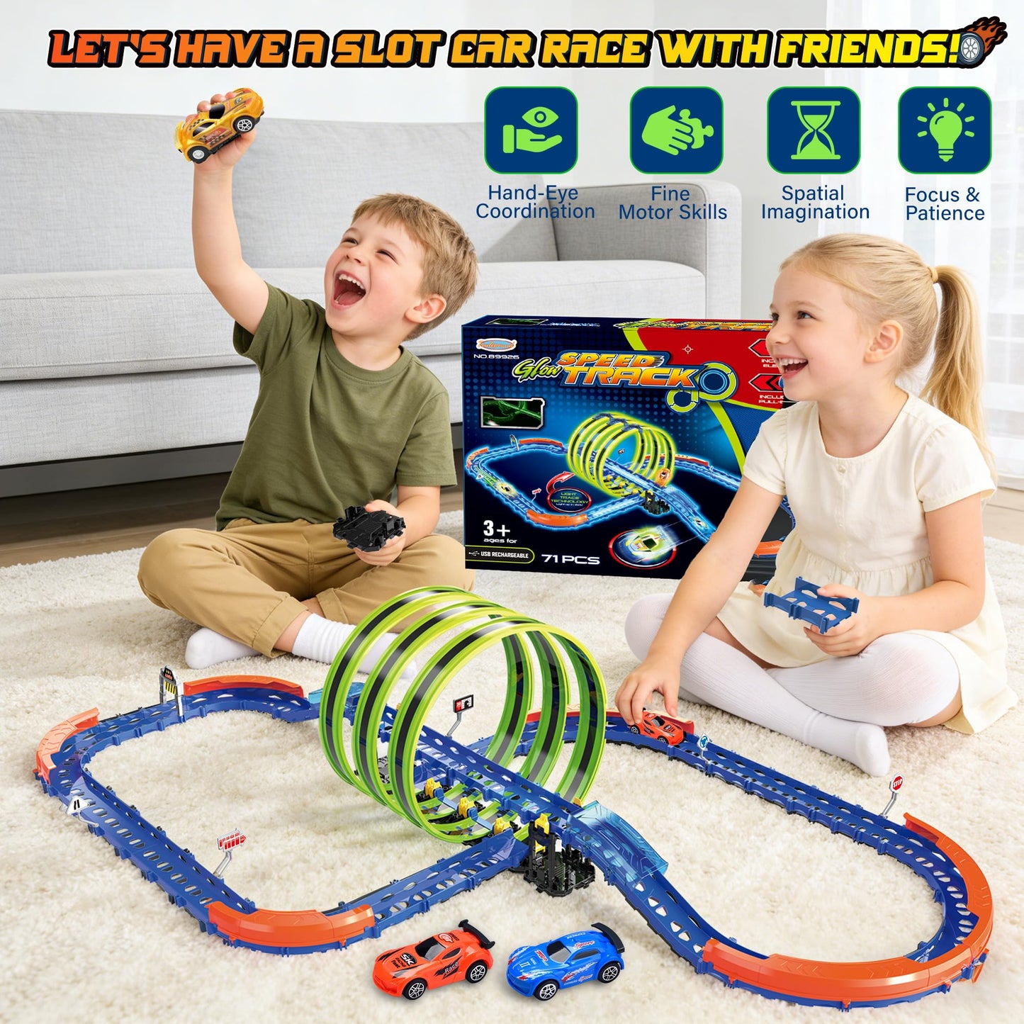 Glow Toy Car Race Track Set, 71 Pcs Glow-in-The-Dark Tracks for Kids Ages 3-8, Electric Speed Car Light-Up Whole Slot Track, Track-Building with 360°