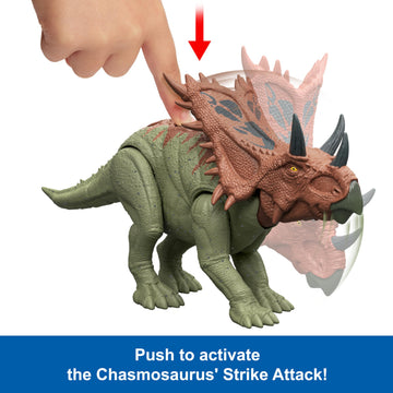 Mattel Jurassic World Strike Attack Dinosaur Toy with Single-Strike Action & Movable Joints, Chasmosaurus Action Figure Includes Digital Play
