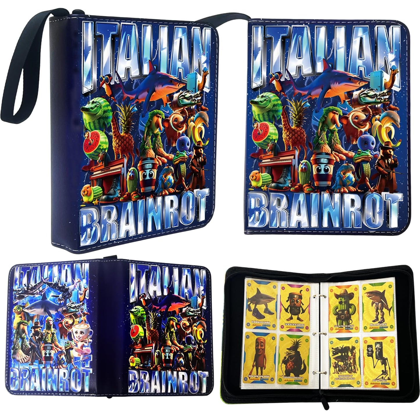 Italian Brainrot Trading Card Binder 4 Pocket 400 Pockets Zipper Card Binder Album for Brainrot Cards, Waterproof Card Storage Holder with Removable