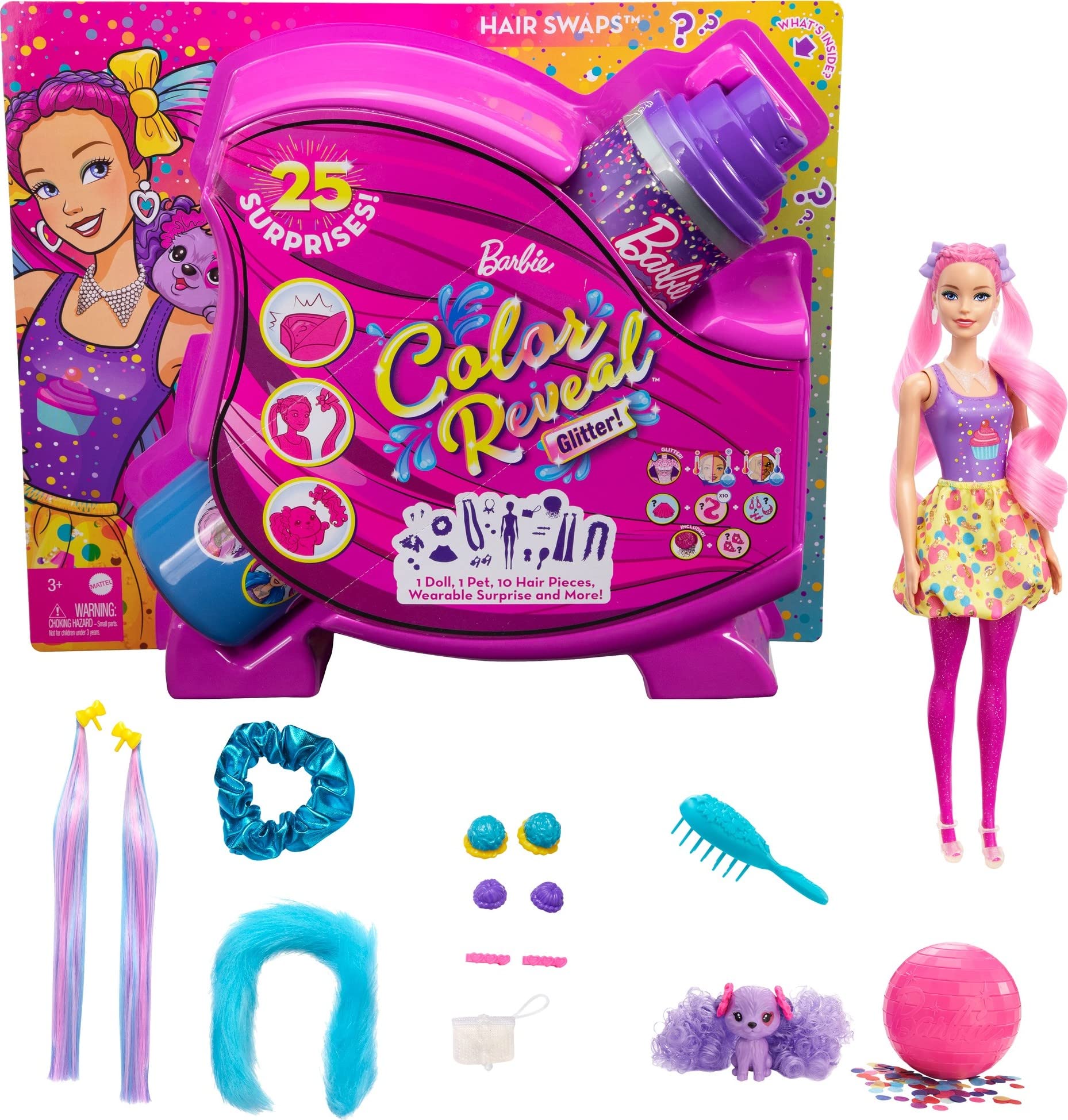 Barbie Color Reveal Glitter! Hair Swaps Doll, Glittery Pink with 25 Hairstyling & Party-Themed Surprises Including 10 Plug-in Hair Pieces