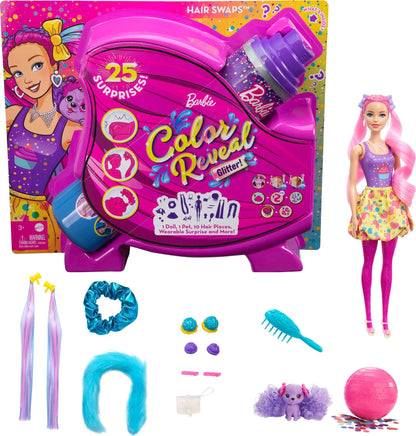 Barbie Color Reveal Glitter! Hair Swaps Doll, Glittery Pink with 25 Hairstyling & Party-Themed Surprises Including 10 Plug-in Hair Pieces