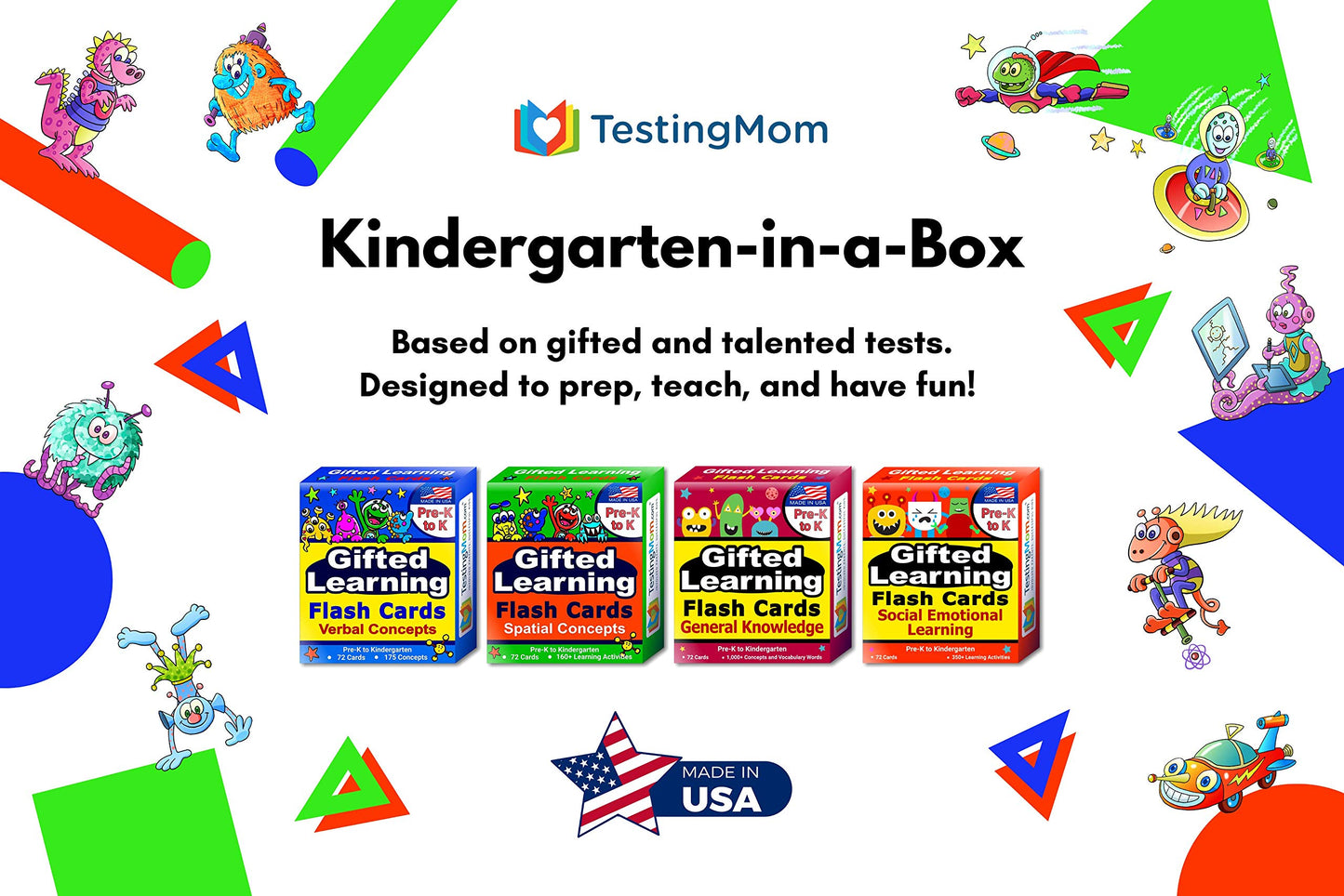 TestingMom.com Kindergarten-In-A-Box - Gifted Learning Flash Cards Bundle (Set 2) - General Knowledge, Verbal, Spatial, Social Emotional Learning