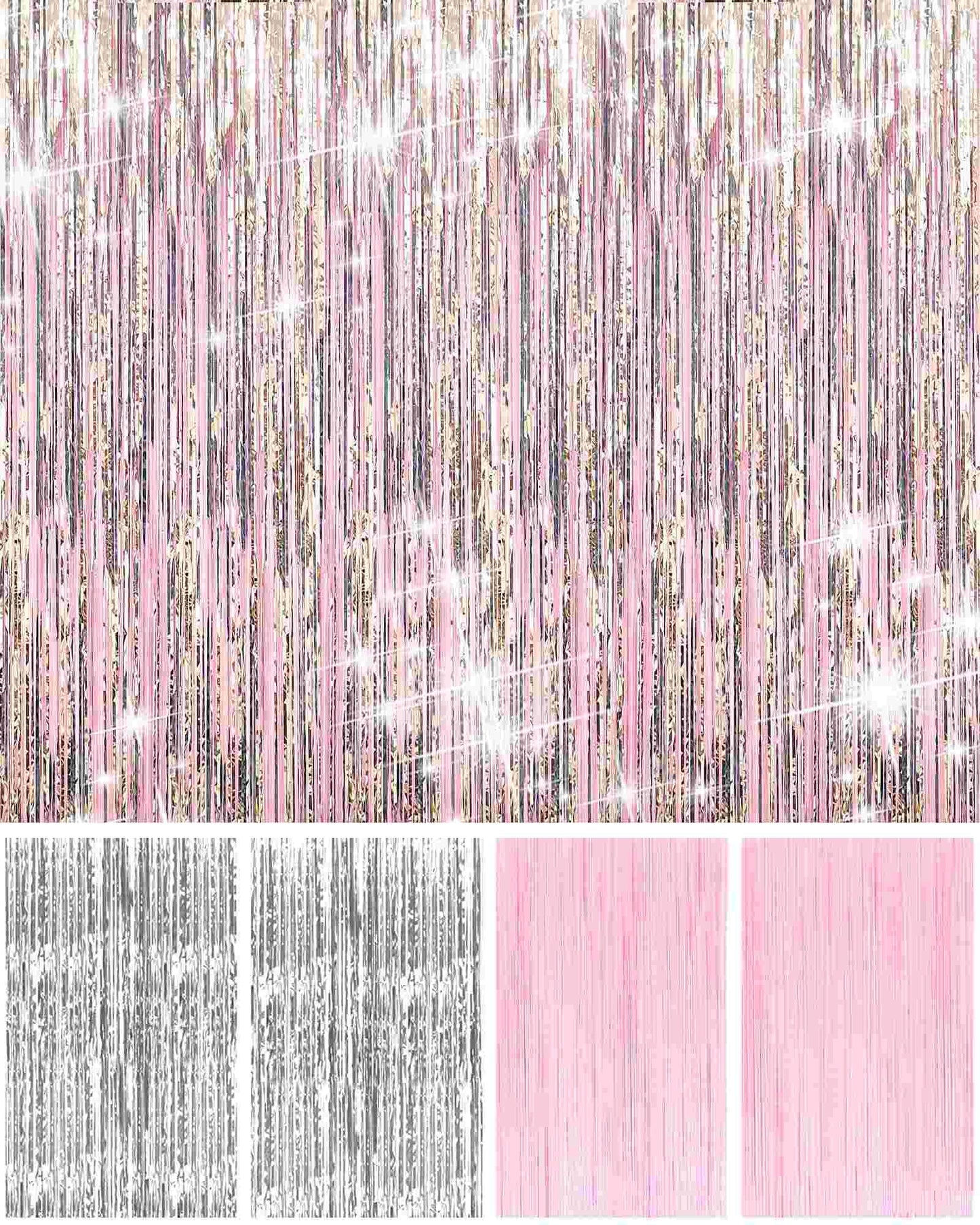 Pastel Pink and Silver Foil Fringe Curtains - 4 Pack Party Backdrop Decorations for Birthday, Bachelorette, Valentine's Day Celebrations