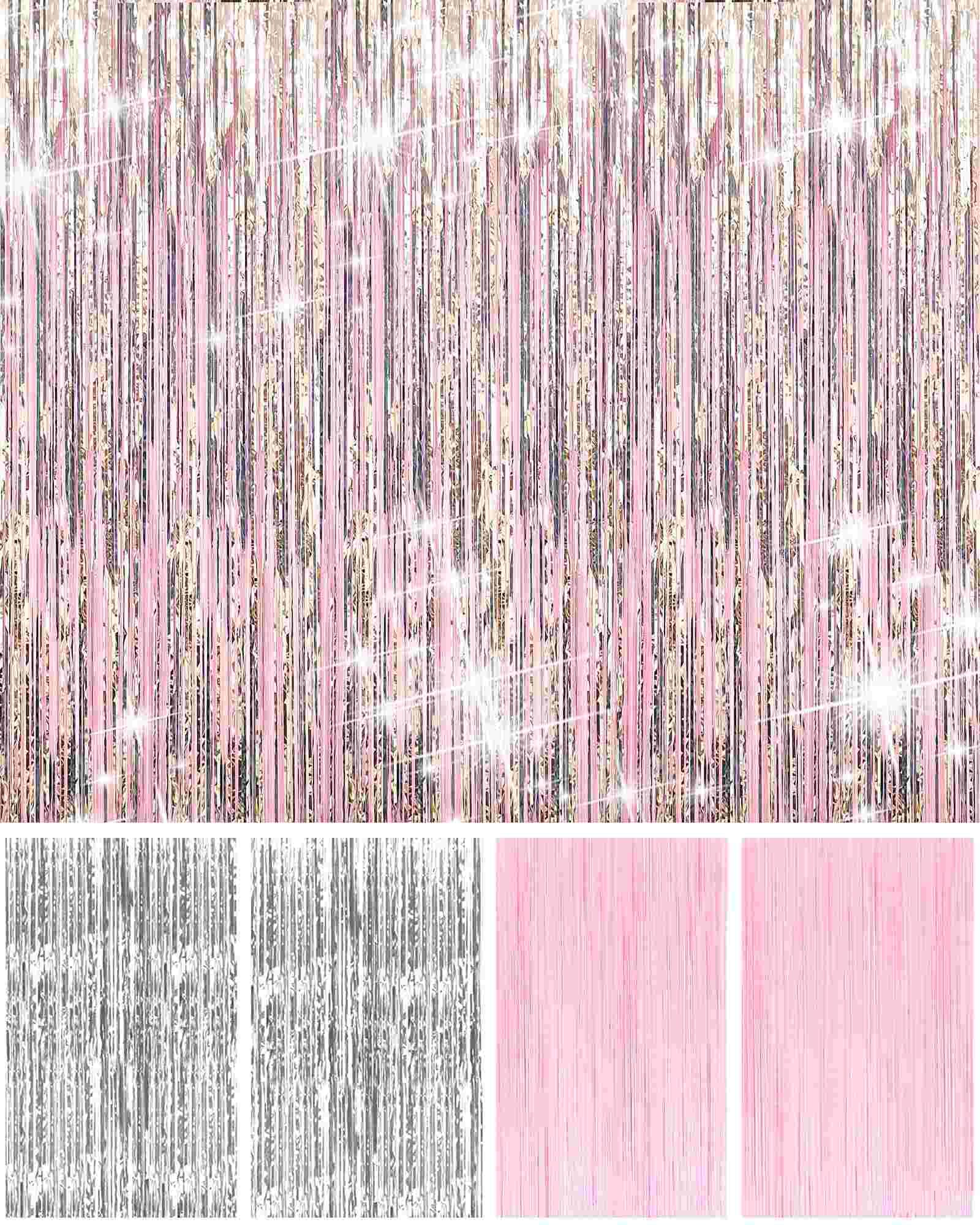 Pastel Pink and Silver Foil Fringe Curtains - 4 Pack Party Backdrop Decorations for Birthday, Bachelorette, Valentine's Day Celebrations