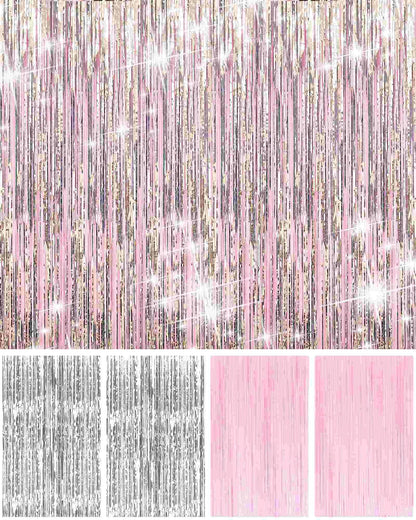 Pastel Pink and Silver Foil Fringe Curtains - 4 Pack Party Backdrop Decorations for Birthday, Bachelorette, Valentine's Day Celebrations