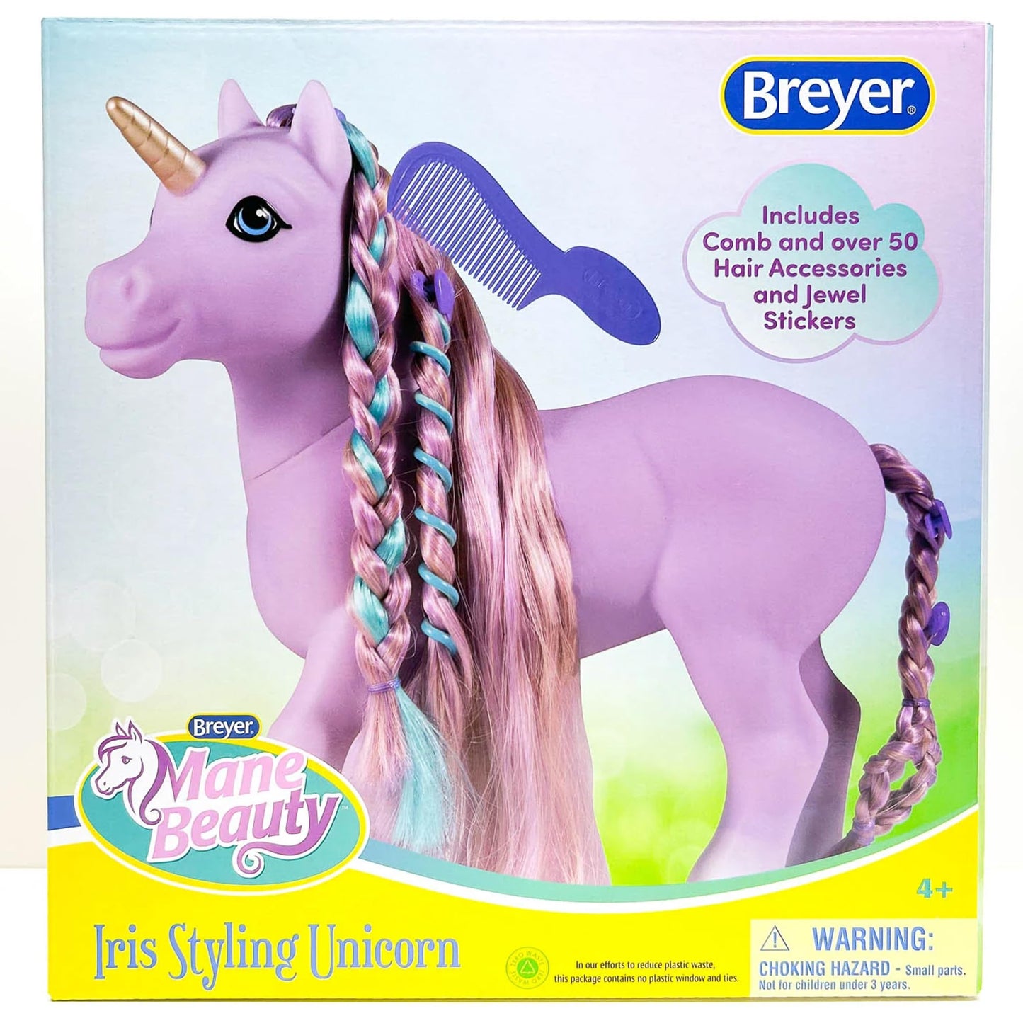 Breyer Horses Mane Beauty Styling Unicorn | Iris | Purple Extra-Long Silky No Tangle Mane | 10" x 3.5" x 10.5" | 7 Accessories, 30 Hair Bands, and 22