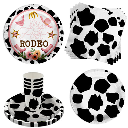 My First Rodeo Cow Girl Birthday Party Supplies - 64 Piece Girls Cow Print 1st Birthday Tableware Set Includes Large 9" Dinner Plates and 8" Dessert