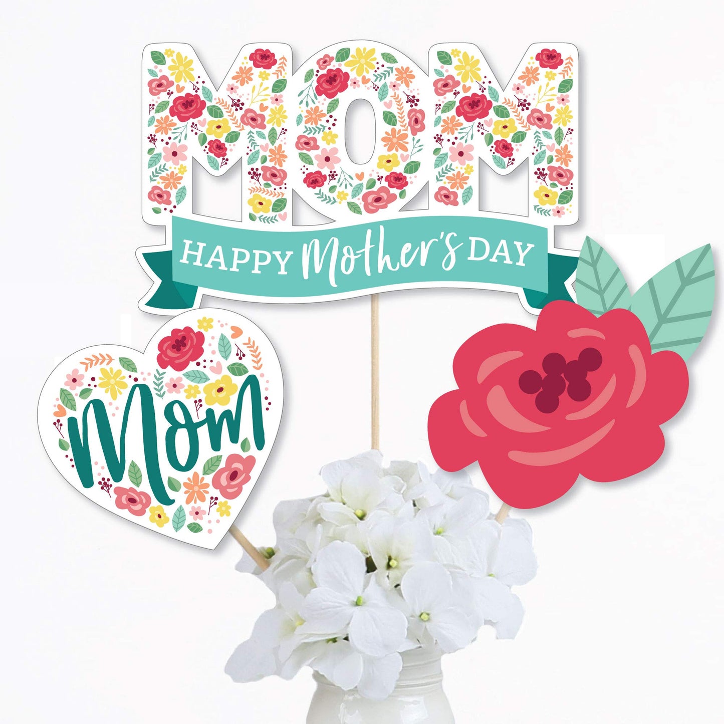 Big Dot of Happiness Colorful Floral Happy Mother's Day - We Love Mom Party Centerpiece Sticks - Table Toppers - Set of 15