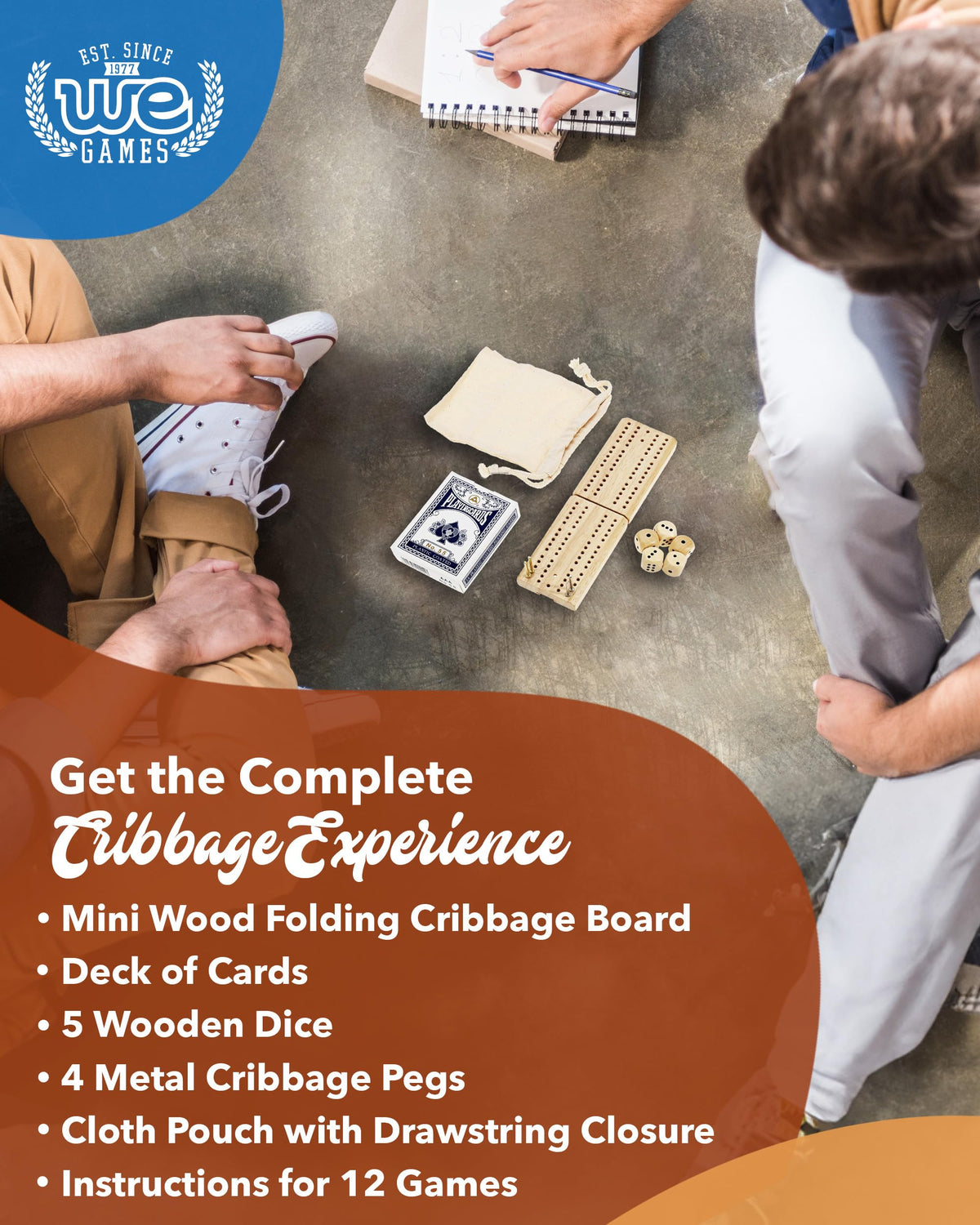 WE Games Travel Cribbage Board Game Set - Foldable 2-Track Mini Wooden Cribbage Board with Cards, Dice, Metal Pegs & Storage Bag - Portable Game