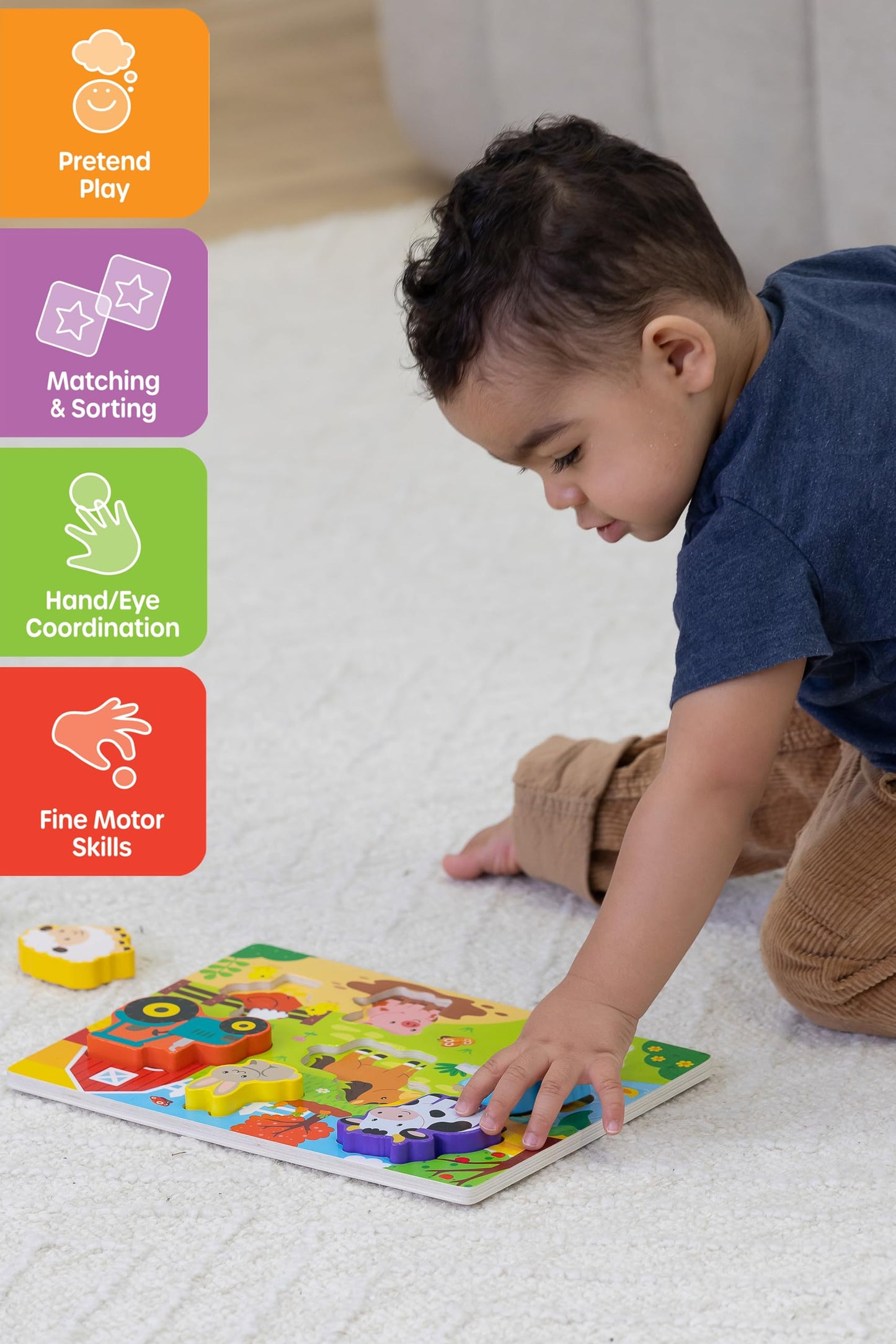 Jasey's Toy Chest Wooden Farm Puzzle & Play Pieces | 9-Piece Chunky Animal Puzzle with Board | Educational Toy for Toddlers Ages 12+ Months