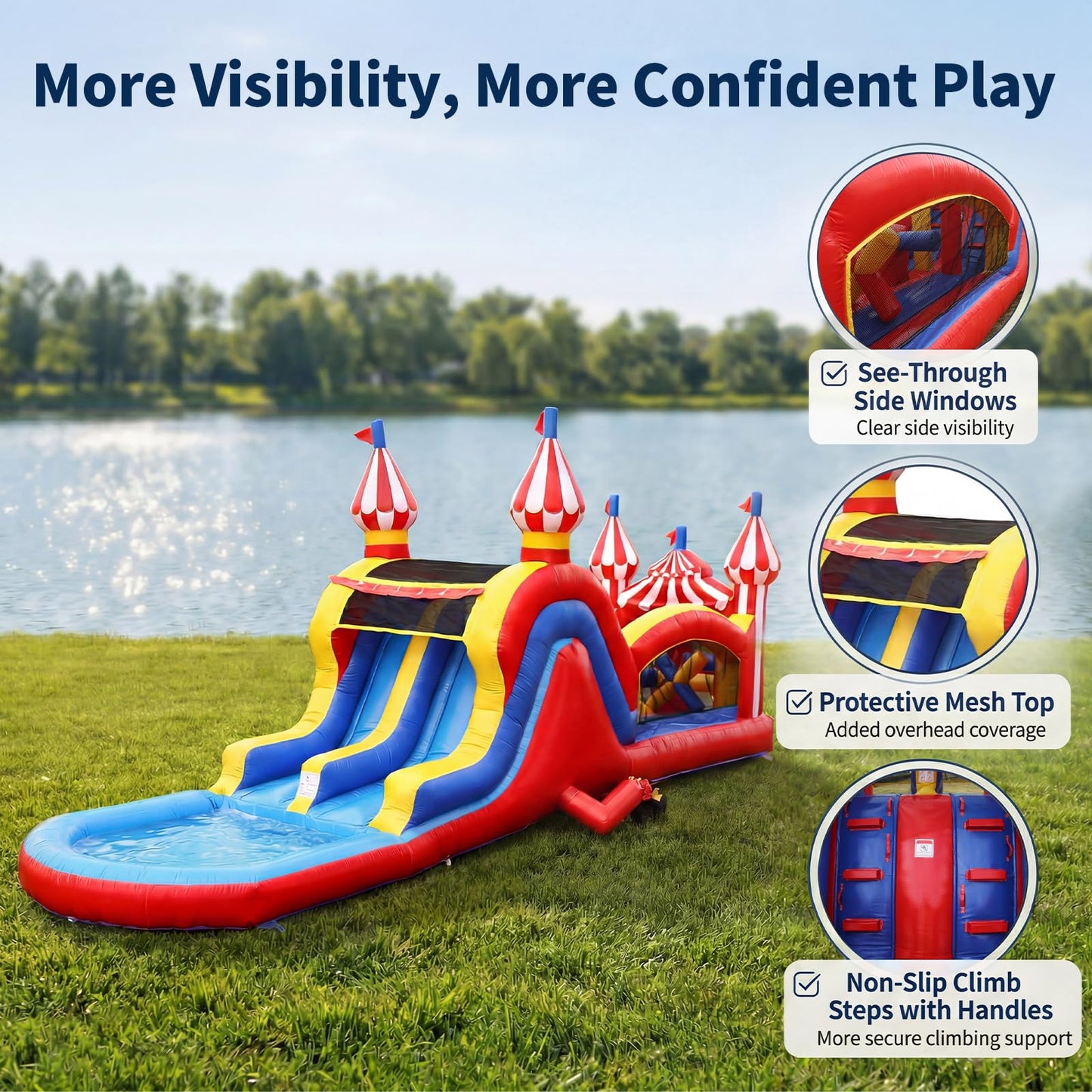 Wonder Dome Kids Backyard 28FT Carnival Theme Obstacle Course Water Slide