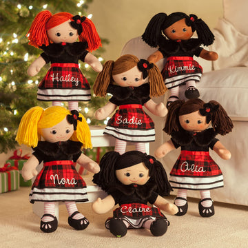 Personalized Planet My First Rag Doll with Custom Name Embroidered | African American Little Girl in Black and Red Plaid Skirt with Striped Stockings