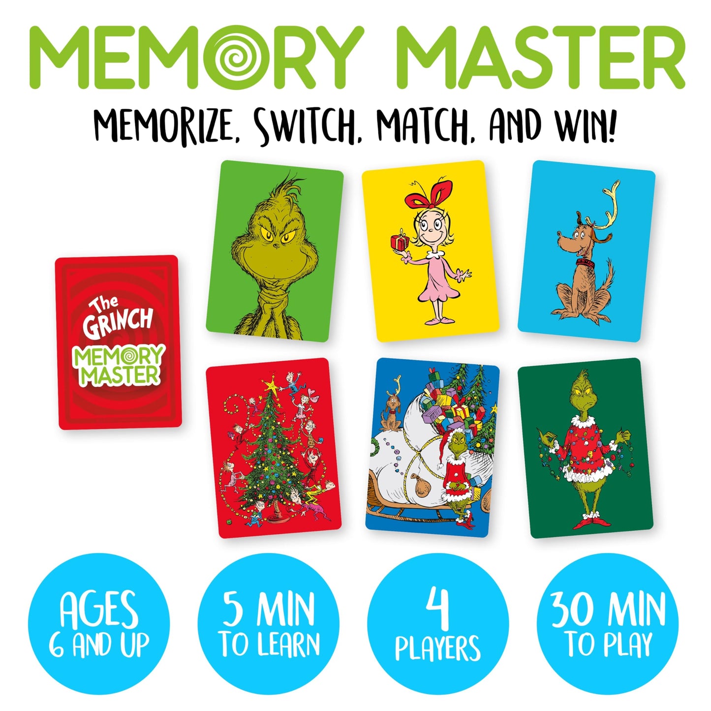 AQUARIUS Grinch Memory Master Card Game, Christmas Matching Family Party Game for Kids Teens Adults, Officially Licensed, Ages 6+