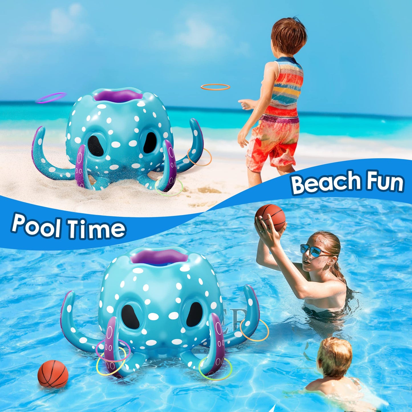iPlay, iLearn Kids Octopus Pool Toys, 2-in-1 Inflatable Float Pool Game