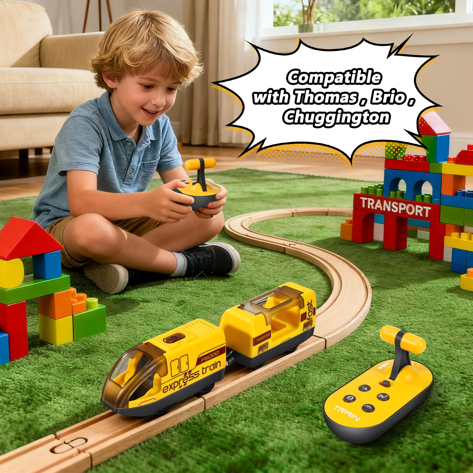Kkogleam Toy Train Set Remote Control Locomotive Trains, Motorized Train with Voice & Lights Effect, 4 Sound Effects, Magnetic Trains Compatible