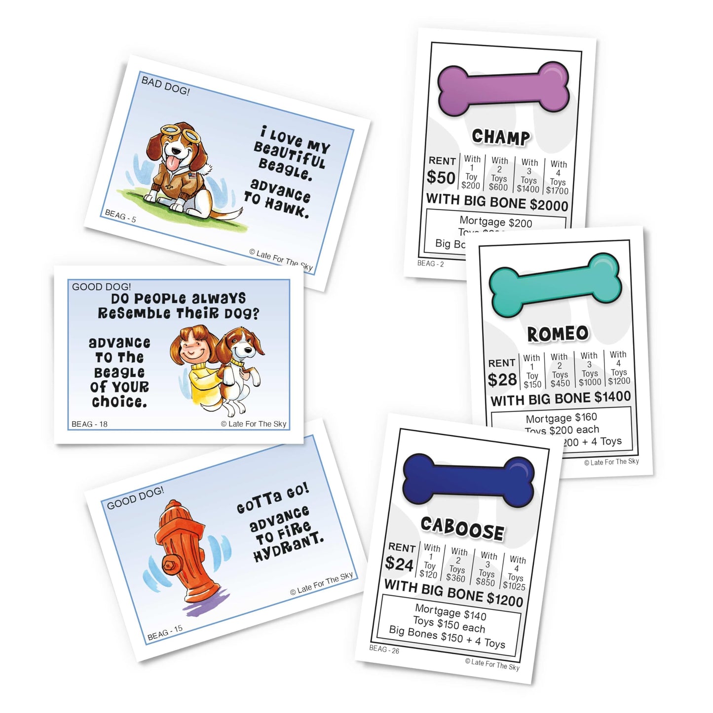 Late for The Sky Beagle-Opoly Board Game, Dog Lovers Family Game, 2-6 Players, Ages 8+, Opoly-Style Pet Theme, Traditional or One-Hour Variant
