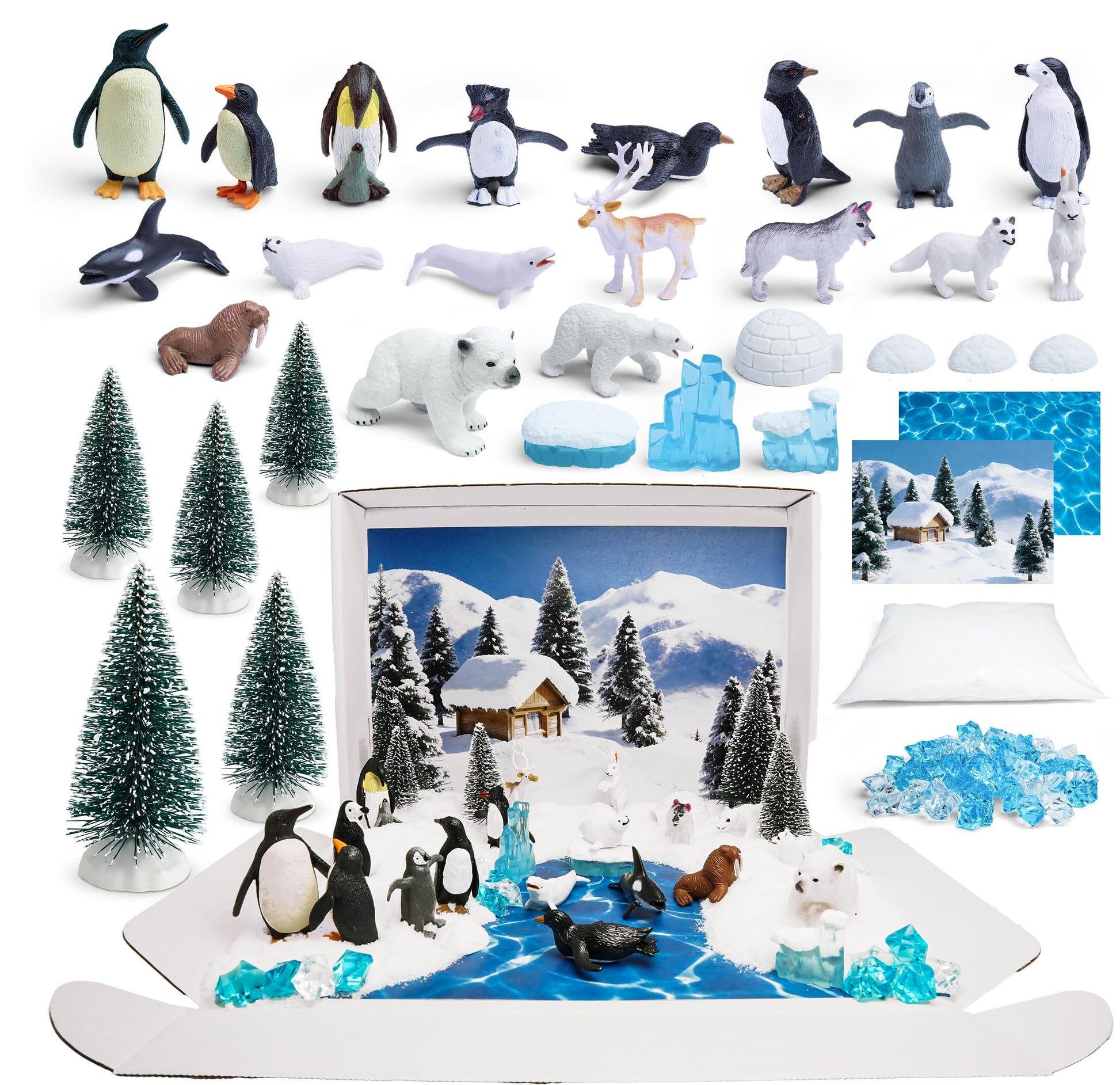 33 PCS Arctic Animals Figurines Set, Winter Animals Toy Figures With Display Box, Diorama Project Supplies Include Polar Bear, Penguin, Trees, Igloo