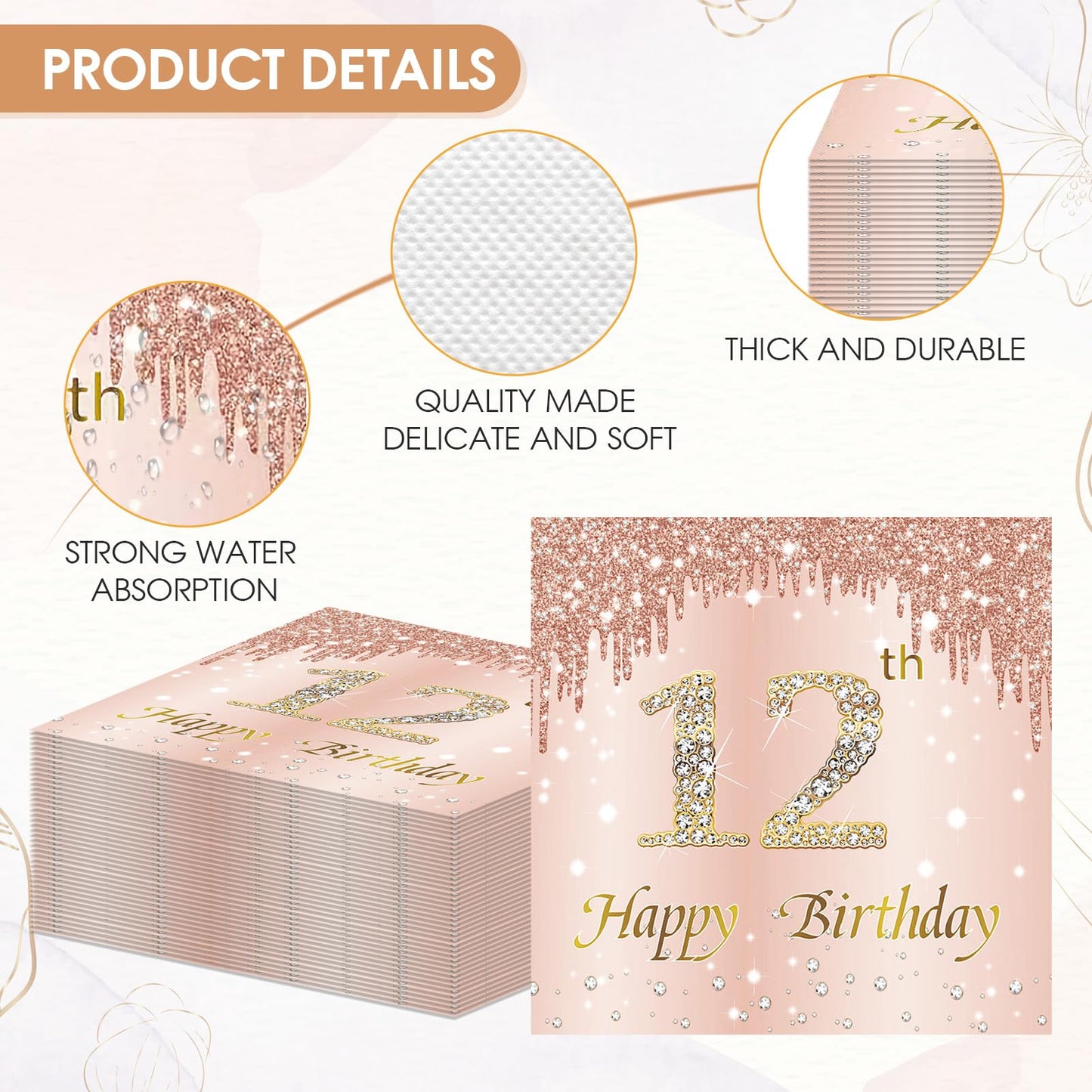 12th Birthday Decorations for Girls,40 Pcs Rose Gold 12th Birthday Napkins,13x13 Inches Disposable Party Tableware,Perfect for 12 Year Old Girl