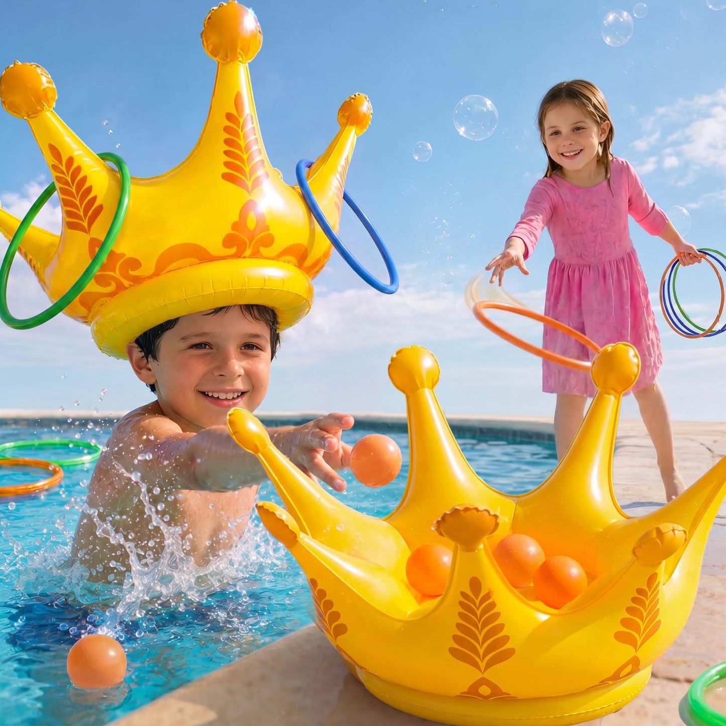 Funscape 2PCS Crown Pool Toy, Kids Inflatable Ring & Ball Toss Water Games